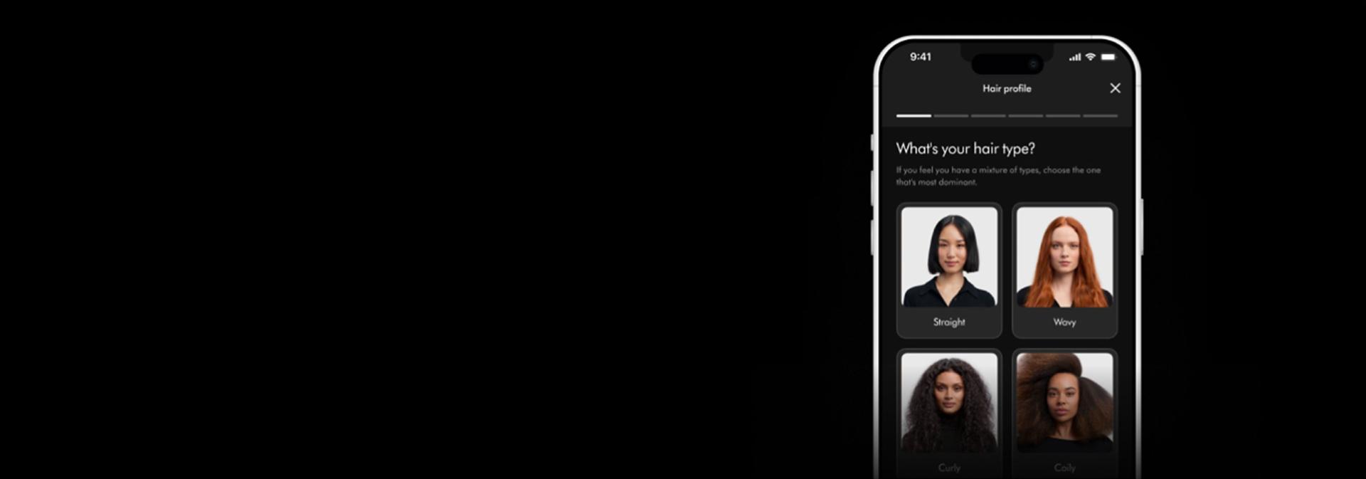 Mobile phone screen showing the personalised hair profile quiz.