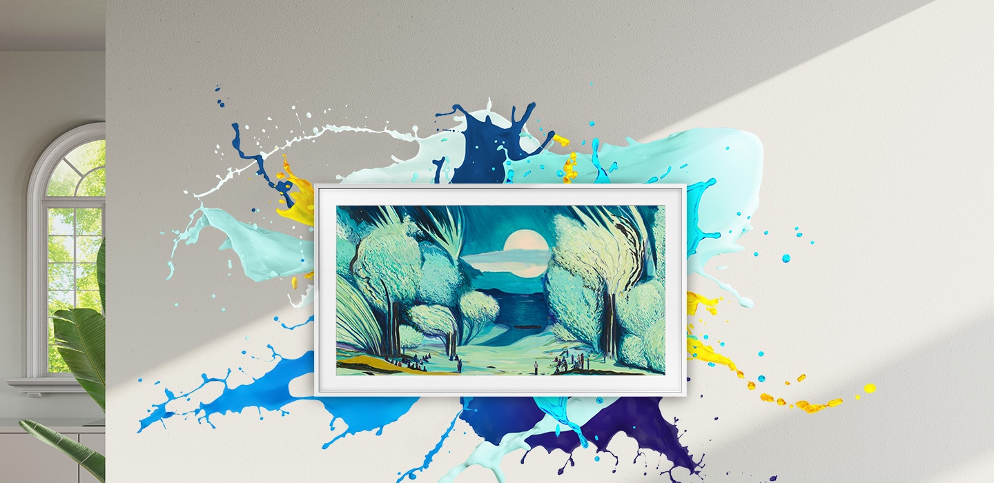 The Frame TV displaying an artwork hangs on a wall with paint in various colors splashed in the background.