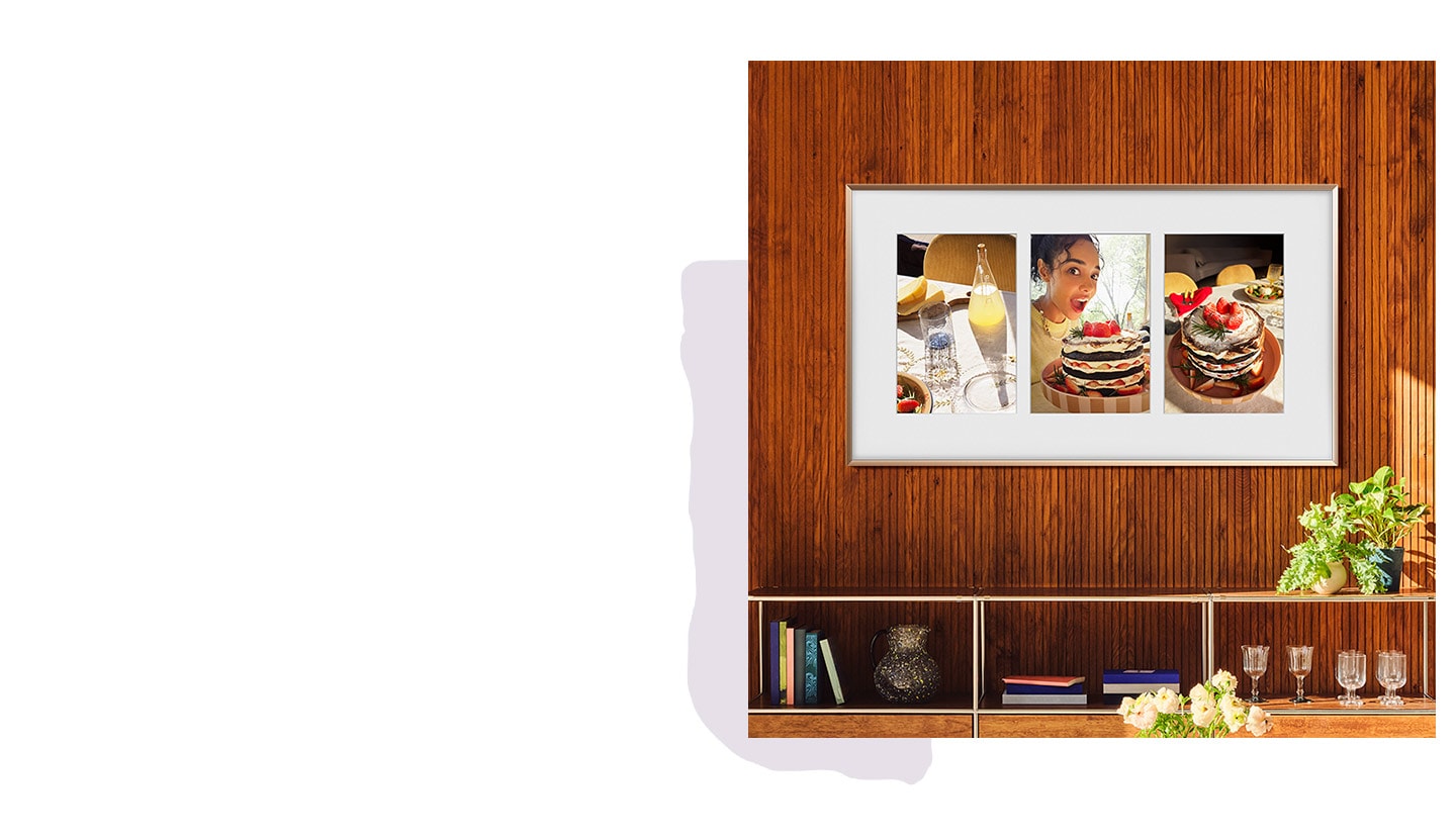 The Frame TV in living room setting displays collage of three family photos from the same event.