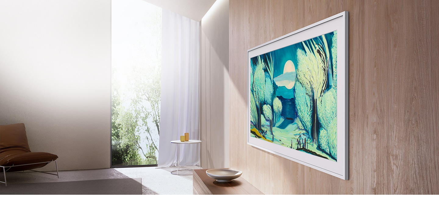 Side view of The Frame TV is installed tightly to a living room wall to look like a real picture frame.