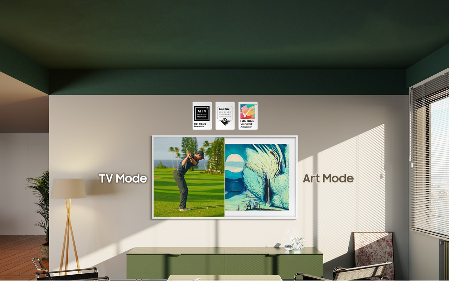 'The Frame in living room shows TV Mode with AI TV NQ4 AI Gen2 Processor logos, and Art Mode with Glare Free Reflection UGR<10 Discomfort <22 Disability <34 UL and PANTONE™ Validated ArtfulColor logos.